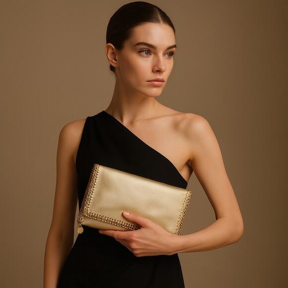 Stella McCartney Falabella Vegan Faux Leather Fold-Over Clutch Gold Vegan Gift - Picture 15 of 16